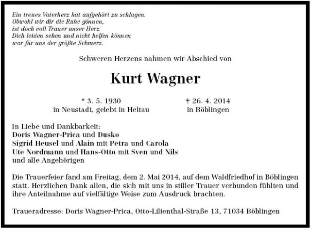 Wagner Kurt 1930-2014 Todesanzeige